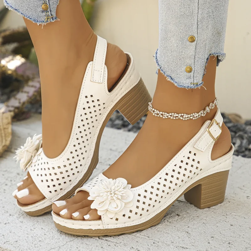 Women's Chunky Heel Sandals Summer 2026 Fashion Flower Hollow Beach Shoes Lightweight High Heeled Casual Sandals for Women