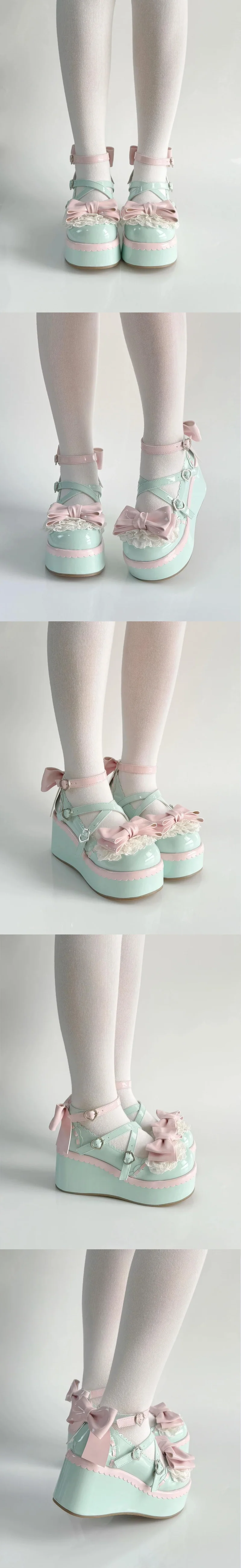 Sweet Lolita Style Girls Flat Platform ,Female Students Cute Bowknots Mary Jane Ankle Strap Elevator Shoes
