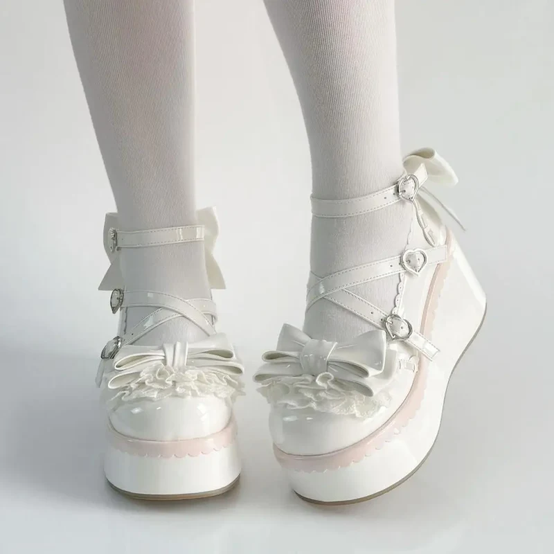 Sweet Lolita Style Girls Flat Platform ,Female Students Cute Bowknots Mary Jane Ankle Strap Elevator Shoes