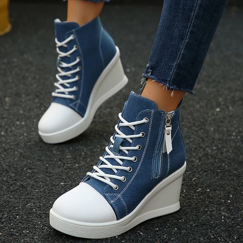 Women's Platform Wedge Heel High Top Sneakers Blue Denim Casual Canvas Shoes Woman Fashion Thick Sole Lace Up Vulcanized Shoes
