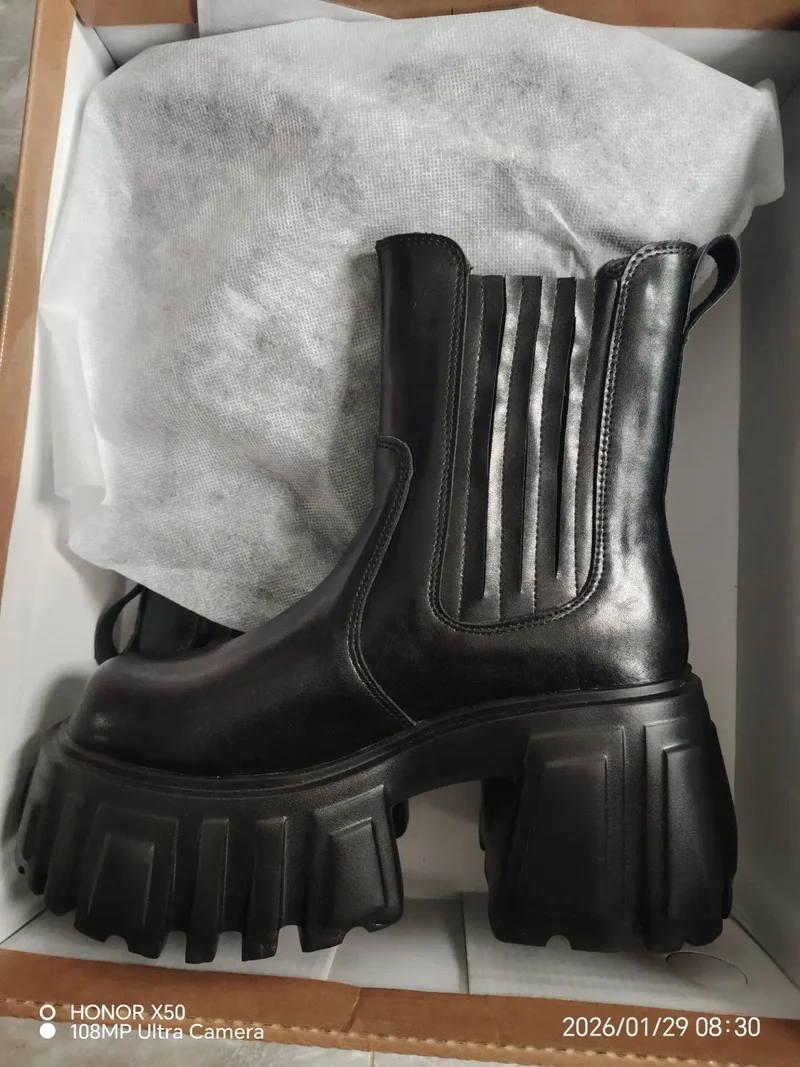 Super High Chunky Heel Platform Chelsea Women's Autumn Small Elevator Ankle Thin Smoke Pipe Genuine Leather Boots