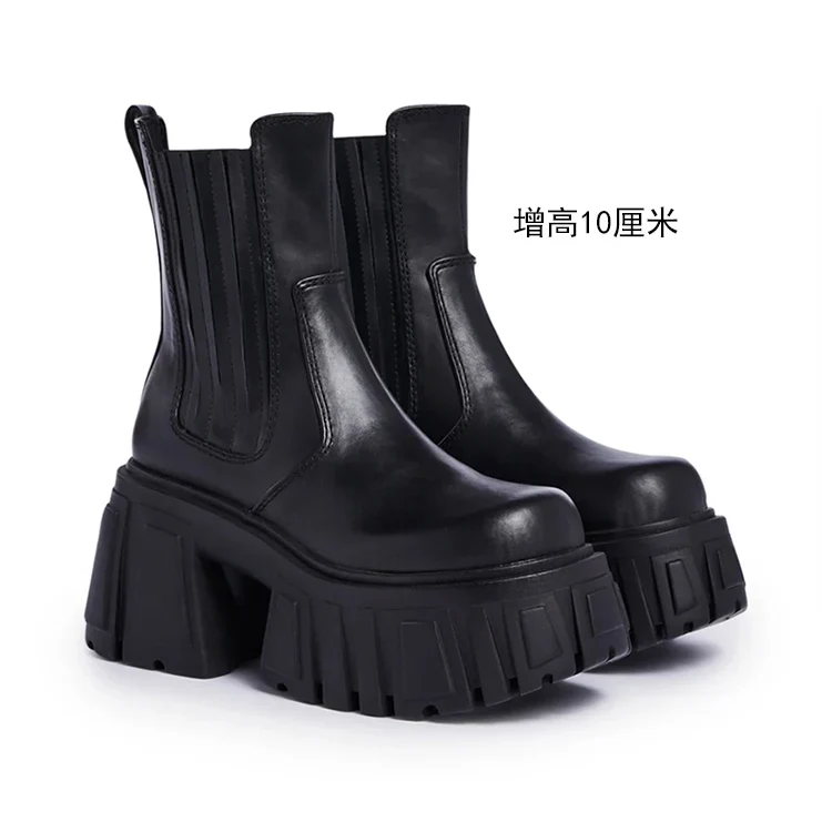 Super High Chunky Heel Platform Chelsea Women's Autumn Small Elevator Ankle Thin Smoke Pipe Genuine Leather Boots