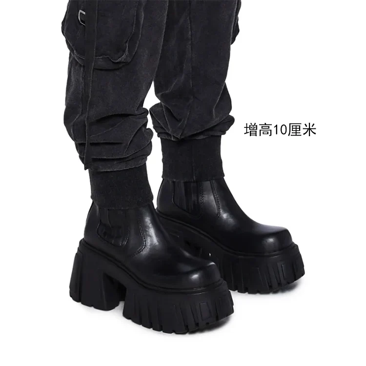Super High Chunky Heel Platform Chelsea Women's Autumn Small Elevator Ankle Thin Smoke Pipe Genuine Leather Boots