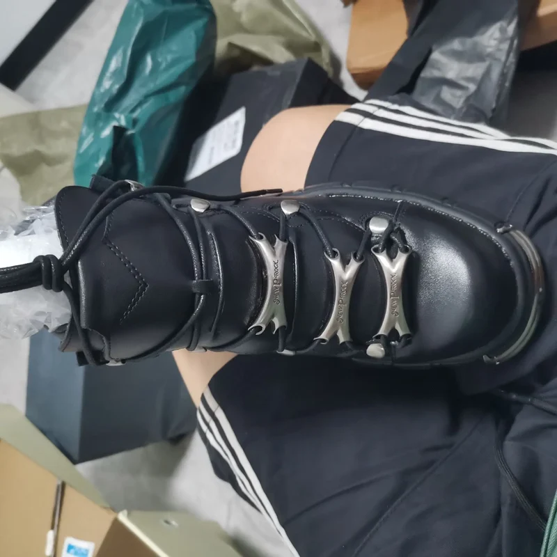 2025 Celebrity Inspired Heavy Metal Platform High-Top Shoes Women Punk Small Leather Shoes Gothic Dark Motorcycle Boots Fashion