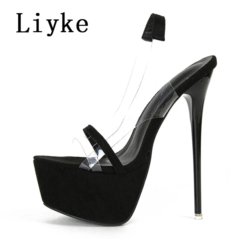 Liyke Model Catwalk Extreme High Heels Sexy 16 CM Transparent Sandal Women Snake Print Open Toe Slip-On Back Strap Platform Shoe