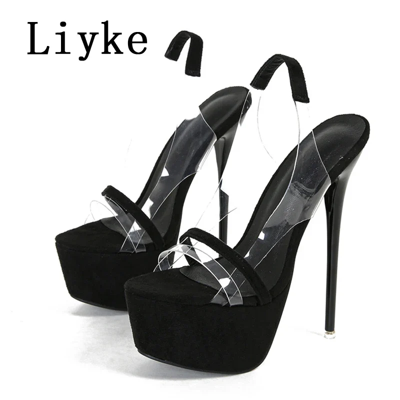 Liyke Model Catwalk Extreme High Heels Sexy 16 CM Transparent Sandal Women Snake Print Open Toe Slip-On Back Strap Platform Shoe