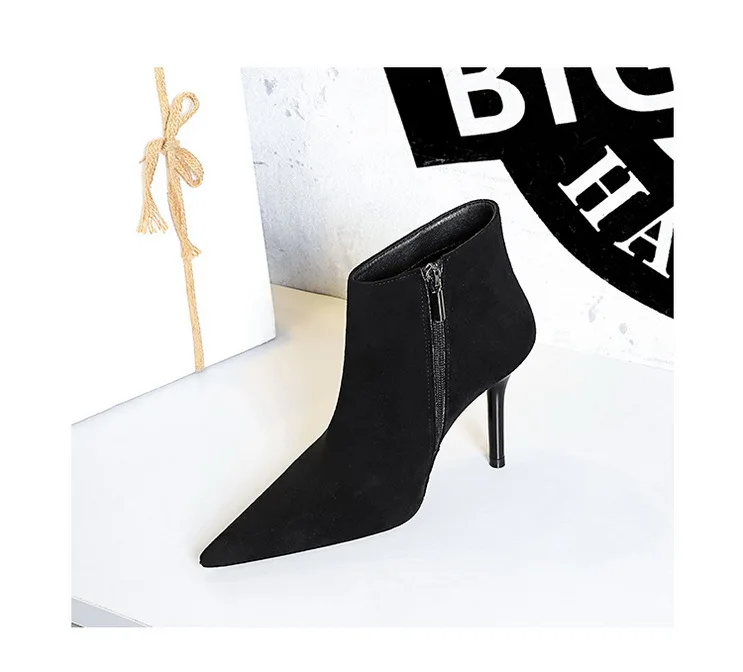 BIGTREE Shoes Suede Ankle Boots For Women Heels Winter Boots Pointed Stilettos High-heeled Boots Side Zipper Black Short Boots