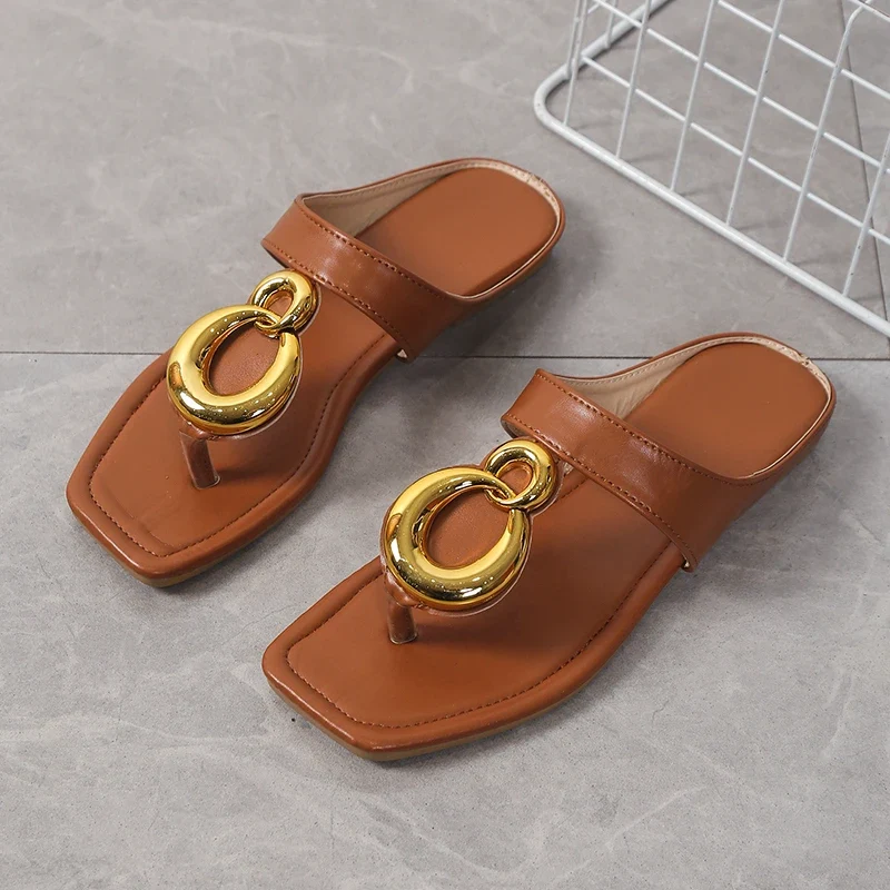Fashionable Metal Buckle Square Toe Sandals Women's Summer New Open Toe Versatile Lazy Flat Women's Shoes