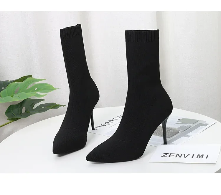 Comemore Knitting Stretch High Heels for Women Fashion Shoe 2025 Spring Autumn Ankle Boot Female Sexy Sock Boots Plus Size 34 42