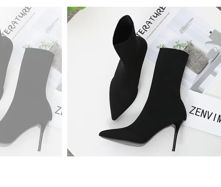 Comemore Knitting Stretch High Heels for Women Fashion Shoe 2025 Spring Autumn Ankle Boot Female Sexy Sock Boots Plus Size 34 42
