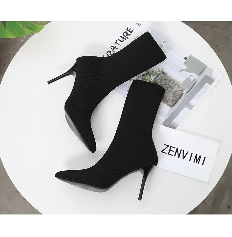 Comemore Knitting Stretch High Heels for Women Fashion Shoe 2025 Spring Autumn Ankle Boot Female Sexy Sock Boots Plus Size 34 42