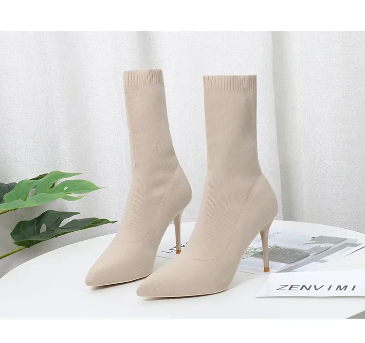 Comemore Knitting Stretch High Heels for Women Fashion Shoe 2025 Spring Autumn Ankle Boot Female Sexy Sock Boots Plus Size 34 42
