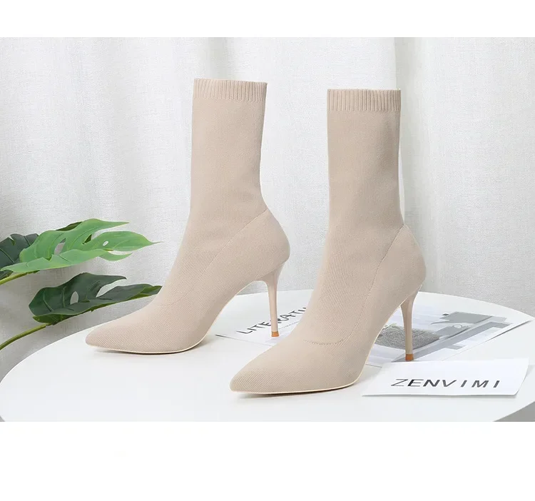 Comemore Knitting Stretch High Heels for Women Fashion Shoe 2025 Spring Autumn Ankle Boot Female Sexy Sock Boots Plus Size 34 42
