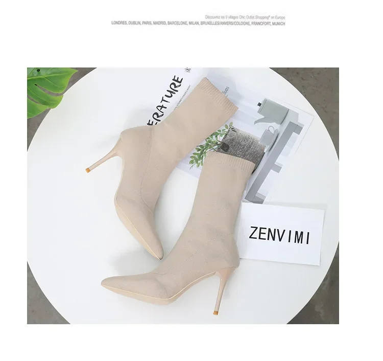 Comemore Knitting Stretch High Heels for Women Fashion Shoe 2025 Spring Autumn Ankle Boot Female Sexy Sock Boots Plus Size 34 42
