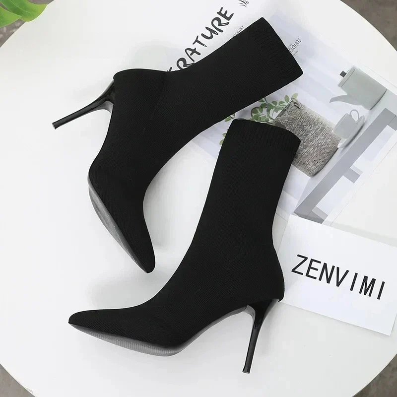 Comemore Knitting Stretch High Heels for Women Fashion Shoe 2025 Spring Autumn Ankle Boot Female Sexy Sock Boots Plus Size 34 42