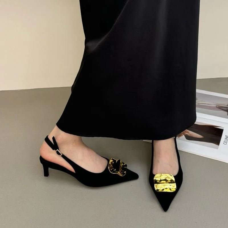 SUOJIALUN 2026 Summer New Brand Women Sandal Fashion Buckle Ladies Elegant Dress Slingback Shoes Thin High Heel Pointed Toe Pump