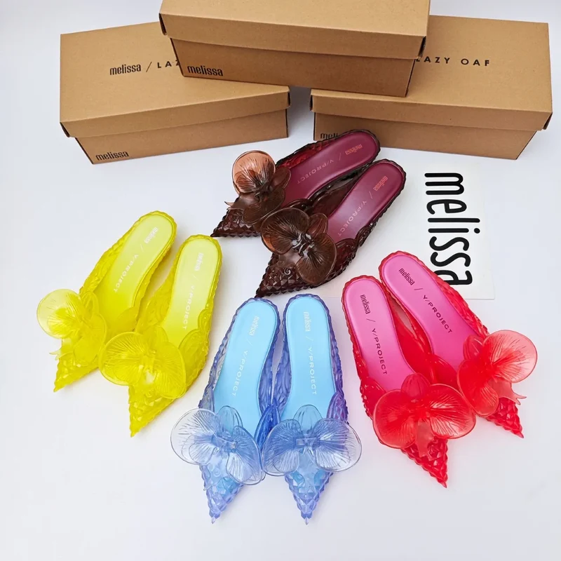 Design Big Butterfly Knot Melissa Women Flat Mules Sandals High Quality Cozy Patent Leather Pointed Toe Back Strap Shoes