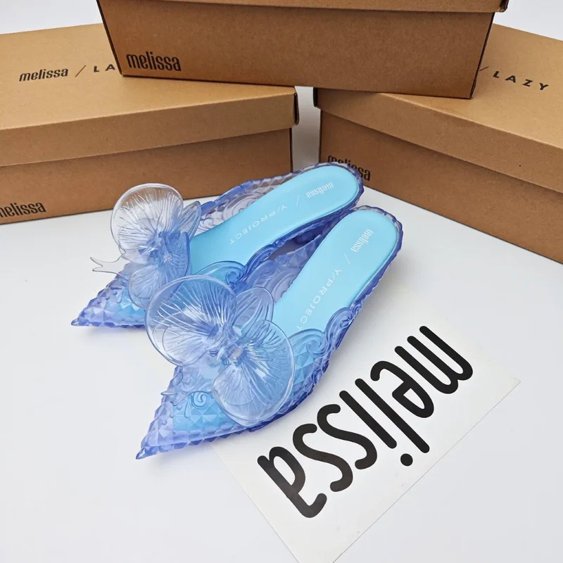 Design Big Butterfly Knot Melissa Women Flat Mules Sandals High Quality Cozy Patent Leather Pointed Toe Back Strap Shoes