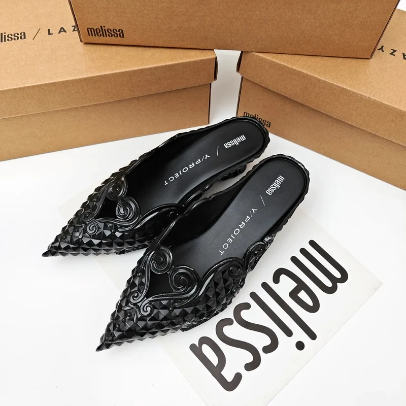 Design Big Butterfly Knot Melissa Women Flat Mules Sandals High Quality Cozy Patent Leather Pointed Toe Back Strap Shoes