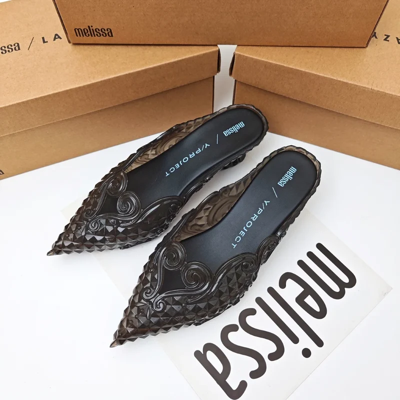 Design Big Butterfly Knot Melissa Women Flat Mules Sandals High Quality Cozy Patent Leather Pointed Toe Back Strap Shoes