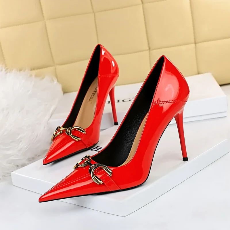 Luxury Design Women 10cm High Heels Metal Buckle Green Pumps Lady Plus Size Wedding Stiletto Heels Party Nude Replica Prom Shoes