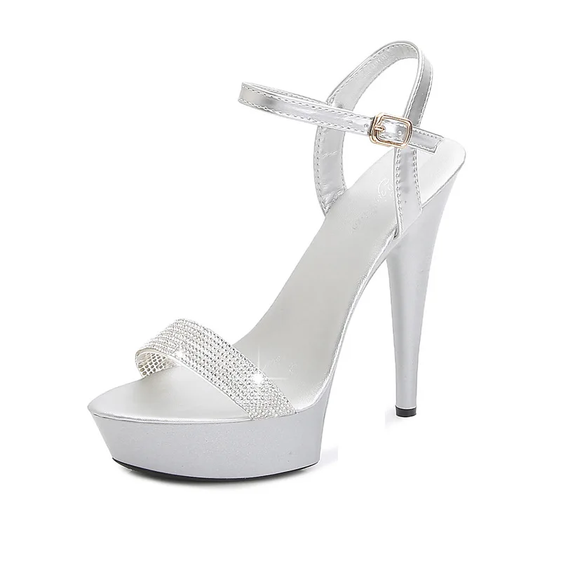 Black Red Silvery Rhinestone Women's High Heels Sandals Sexy Summer Platform Pumps Women Colorful Patent Leather Fine Heel Shoes