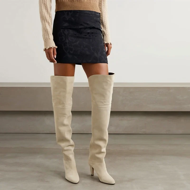 Autumn and Winter Women's Thick High-heeled Knee High Boots, Round Headed Cowhide Suede Fashionable Women's Plus Size Boots