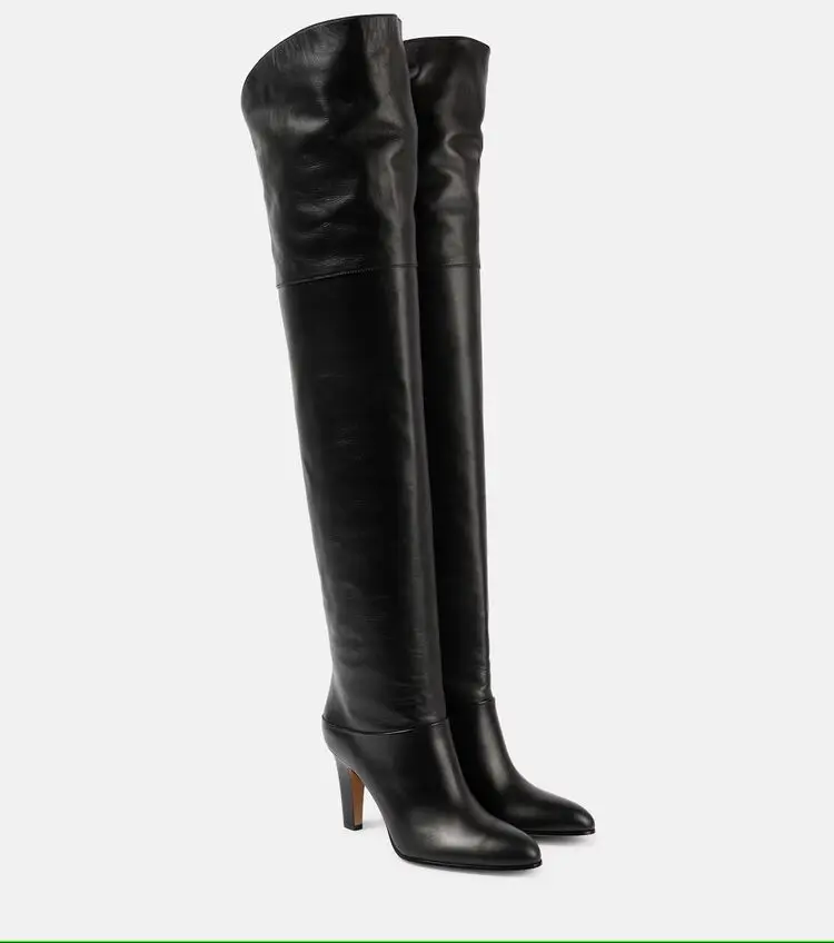Autumn and Winter Women's Thick High-heeled Knee High Boots, Round Headed Cowhide Suede Fashionable Women's Plus Size Boots