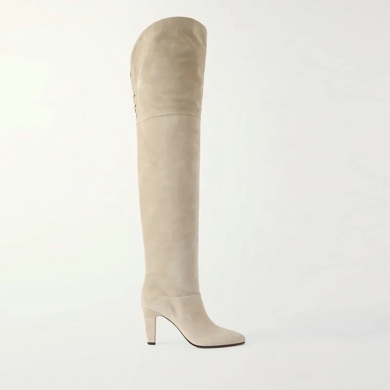 Autumn and Winter Women's Thick High-heeled Knee High Boots, Round Headed Cowhide Suede Fashionable Women's Plus Size Boots