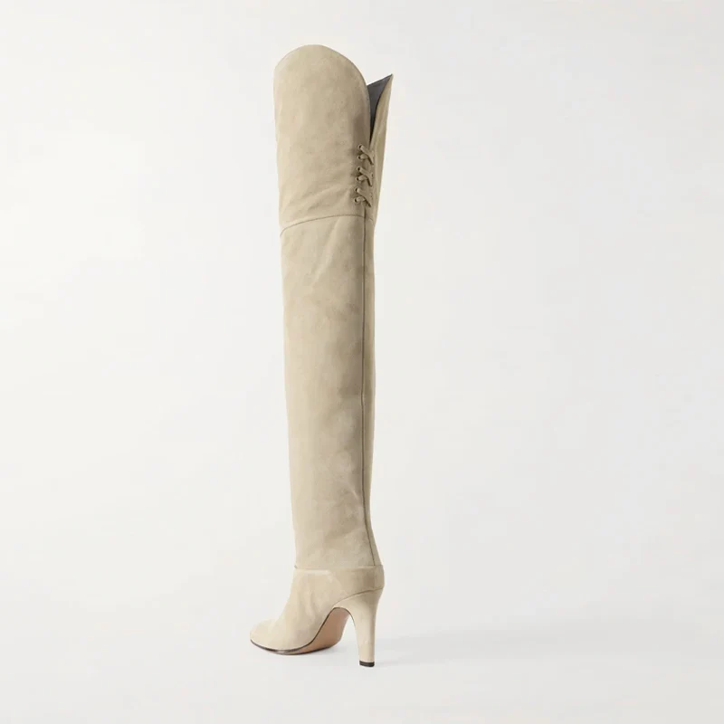 Autumn and Winter Women's Thick High-heeled Knee High Boots, Round Headed Cowhide Suede Fashionable Women's Plus Size Boots