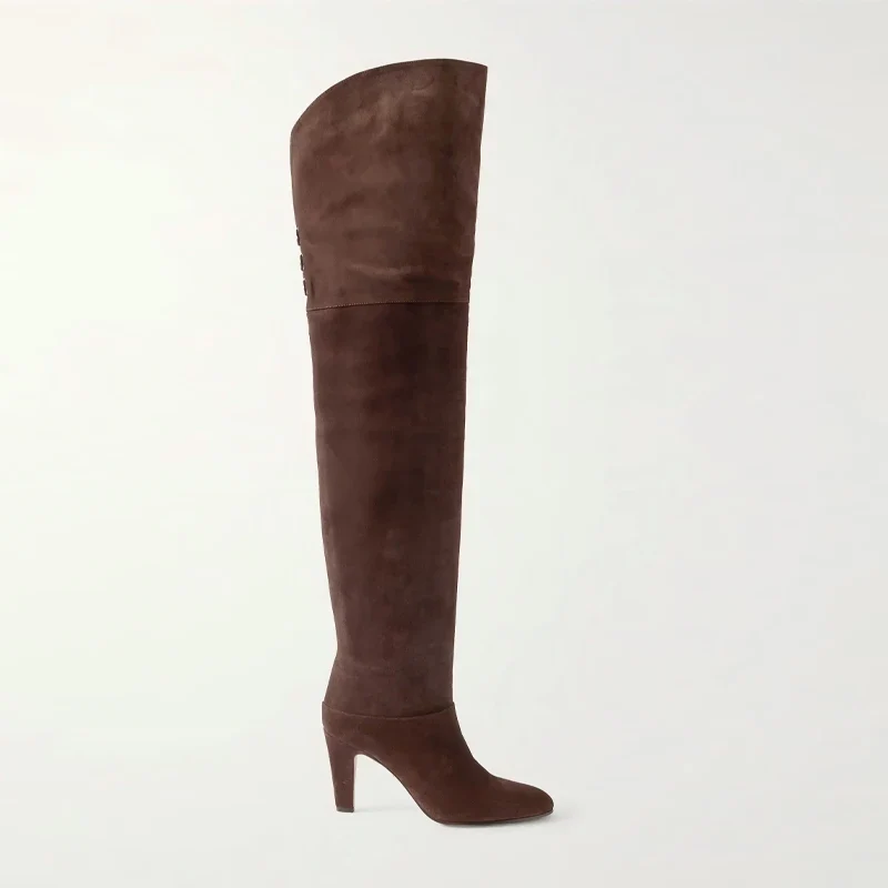 Autumn and Winter Women's Thick High-heeled Knee High Boots, Round Headed Cowhide Suede Fashionable Women's Plus Size Boots
