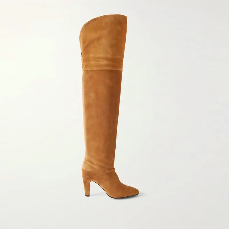 Autumn and Winter Women's Thick High-heeled Knee High Boots, Round Headed Cowhide Suede Fashionable Women's Plus Size Boots