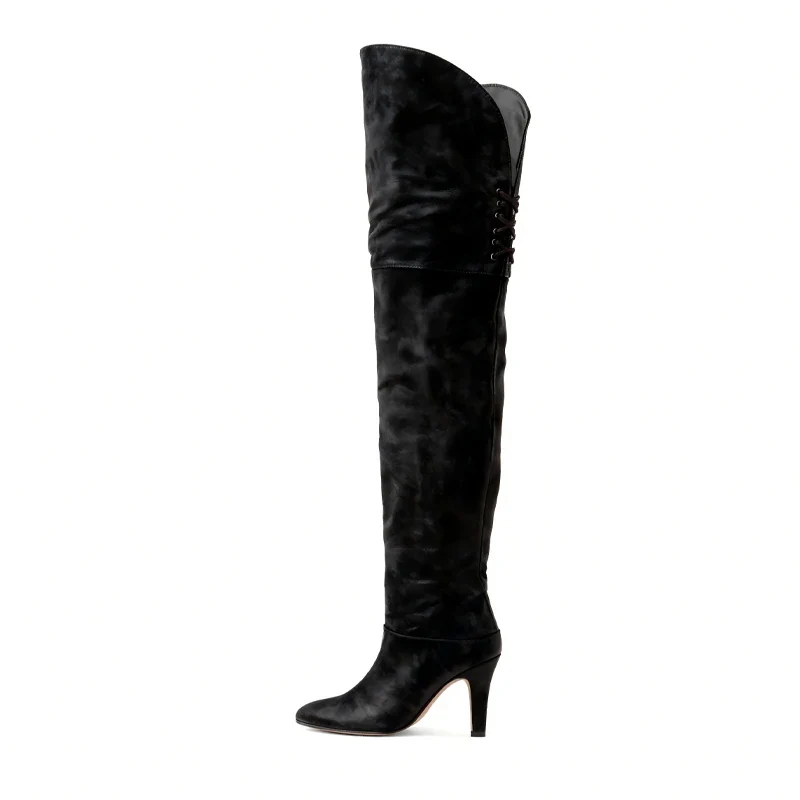 Autumn and Winter Women's Thick High-heeled Knee High Boots, Round Headed Cowhide Suede Fashionable Women's Plus Size Boots