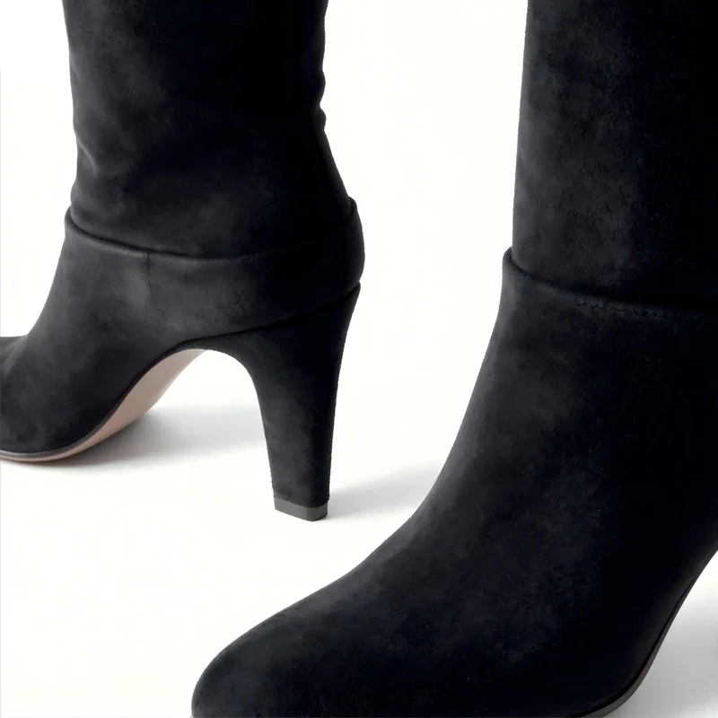 Autumn and Winter Women's Thick High-heeled Knee High Boots, Round Headed Cowhide Suede Fashionable Women's Plus Size Boots