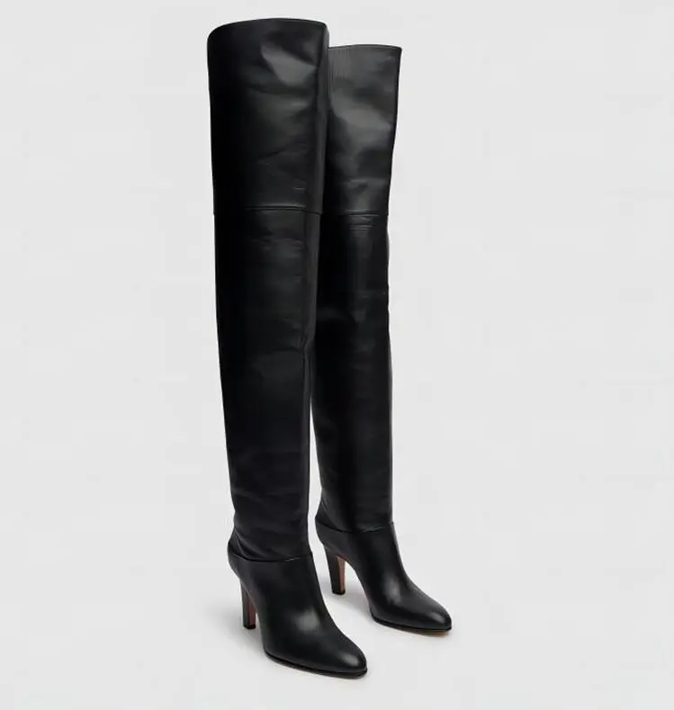 Autumn and Winter Women's Thick High-heeled Knee High Boots, Round Headed Cowhide Suede Fashionable Women's Plus Size Boots