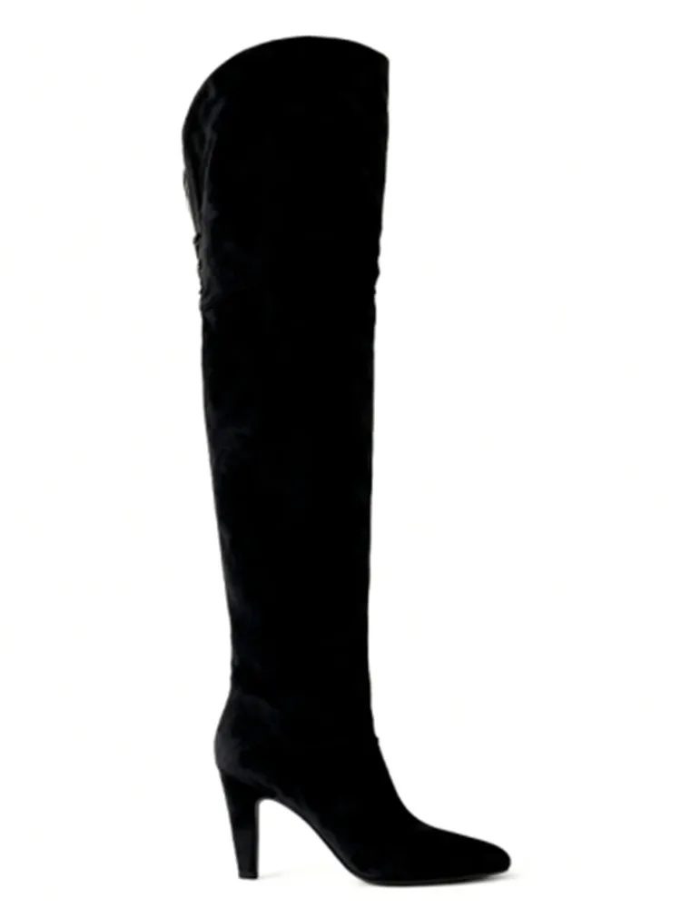 Autumn and Winter Women's Thick High-heeled Knee High Boots, Round Headed Cowhide Suede Fashionable Women's Plus Size Boots