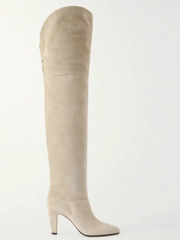 Autumn and Winter Women's Thick High-heeled Knee High Boots, Round Headed Cowhide Suede Fashionable Women's Plus Size Boots