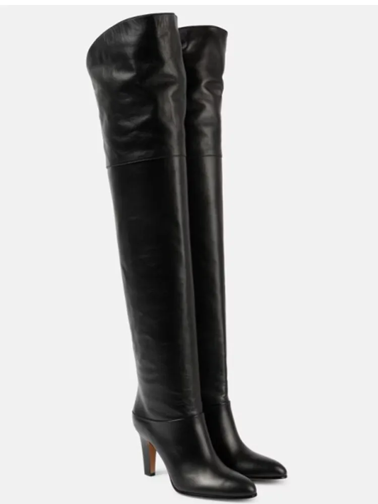 Autumn and Winter Women's Thick High-heeled Knee High Boots, Round Headed Cowhide Suede Fashionable Women's Plus Size Boots
