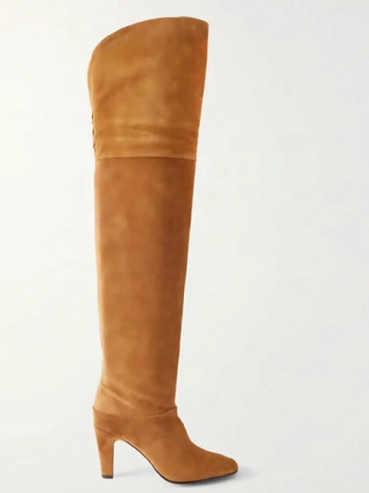 Autumn and Winter Women's Thick High-heeled Knee High Boots, Round Headed Cowhide Suede Fashionable Women's Plus Size Boots