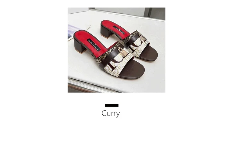 CH Brand Metal Buckle Embossed Sandals With Block Heels Open Toe Design Comfortable And Stylish Outdoor Slippers