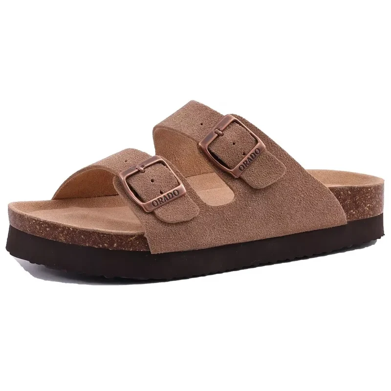Crestar Women's Cork Footbed Slide Sandal Adjustable Buckle Summer Outdoor Suede Sandals with Arch Support Non-slip Beach Shoes