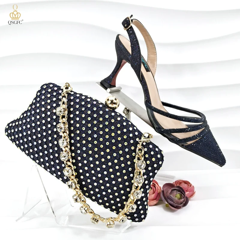 QSGFC African Women's Fashion Crystal Square Button Pointed High Heels Water Diamond Shiny Wine Color Sandal Bag Set