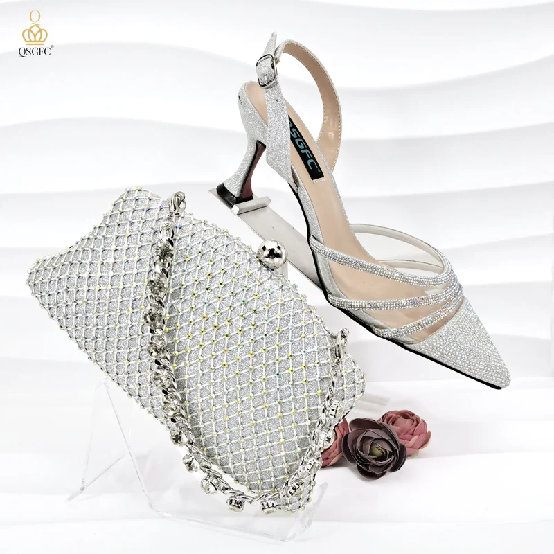 QSGFC African Women's Fashion Crystal Square Button Pointed High Heels Water Diamond Shiny Wine Color Sandal Bag Set