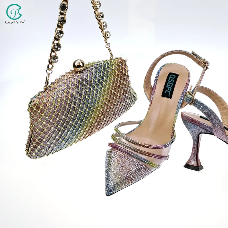 QSGFC African Women's Fashion Crystal Square Button Pointed High Heels Water Diamond Shiny Wine Color Sandal Bag Set