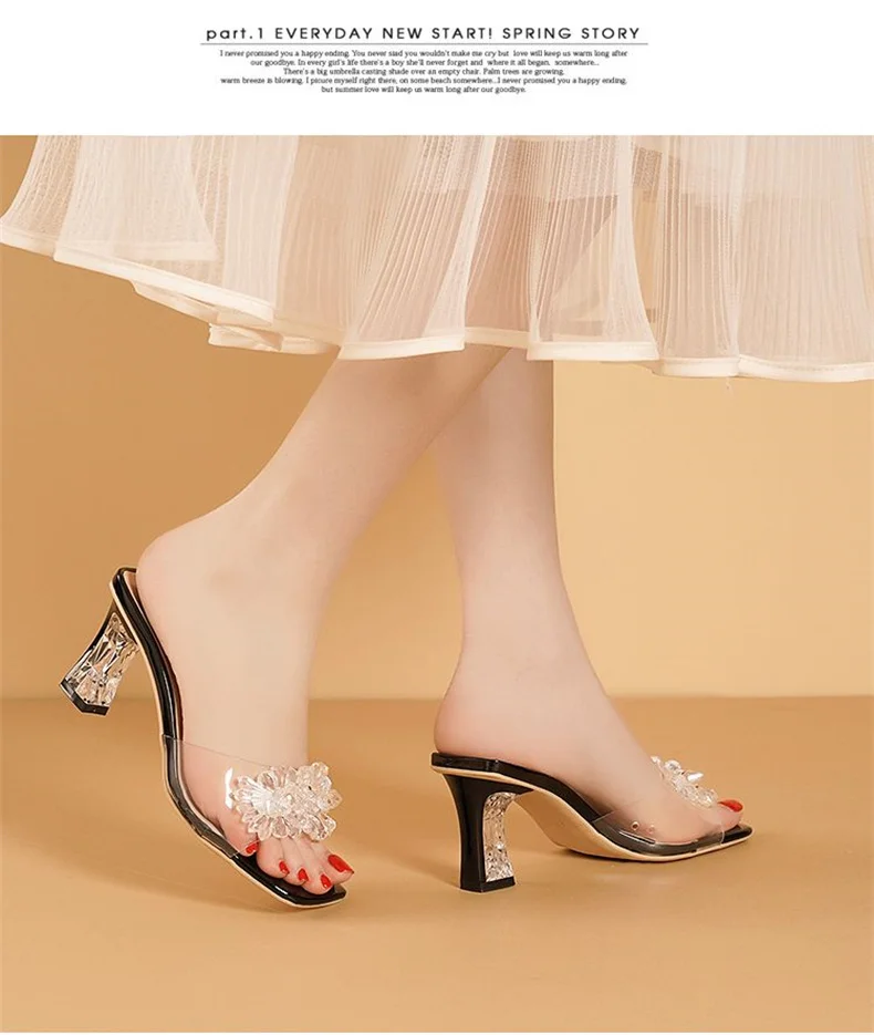 2023 Summer Square Head Open Toe Fashion Transparent Soft Flower Women's Slippers Crystal Heel New High Heel Sandals