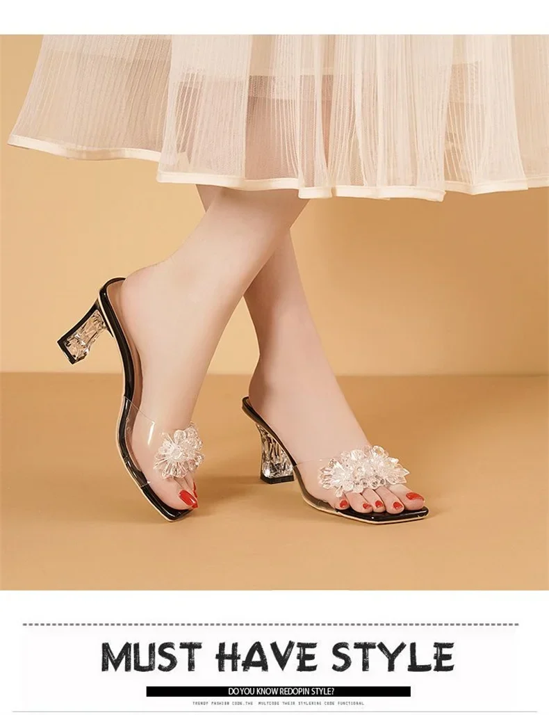 2023 Summer Square Head Open Toe Fashion Transparent Soft Flower Women's Slippers Crystal Heel New High Heel Sandals