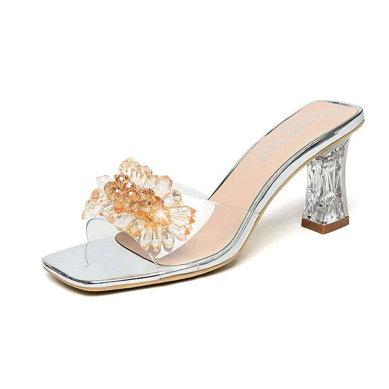 2023 Summer Square Head Open Toe Fashion Transparent Soft Flower Women's Slippers Crystal Heel New High Heel Sandals