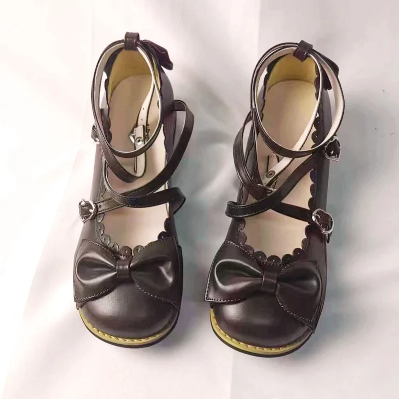 Lolita Shoes Women Flats Low Round With Cross Straps Bow Cute Girls Princess Tea Party Shoes Students Lovely Shoes Size 34-41