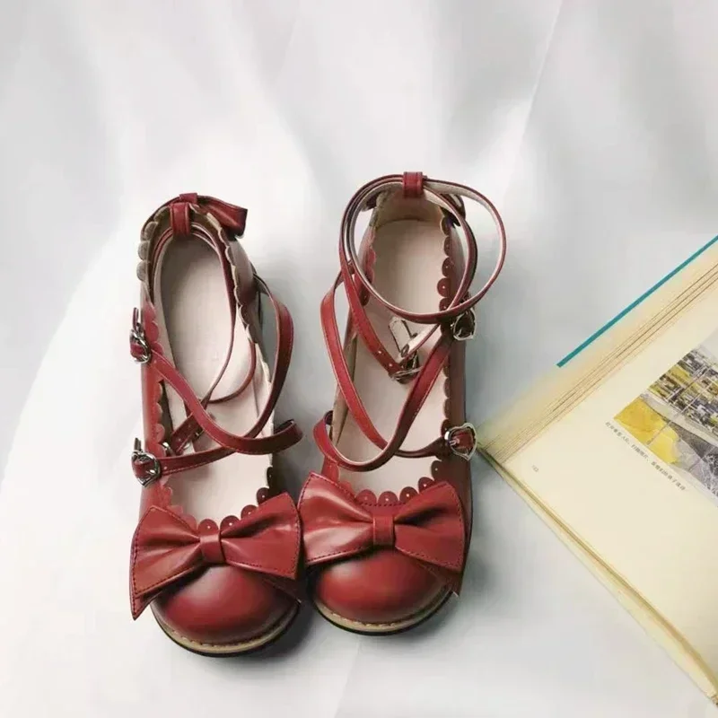 Lolita Shoes Women Flats Low Round With Cross Straps Bow Cute Girls Princess Tea Party Shoes Students Lovely Shoes Size 34-41