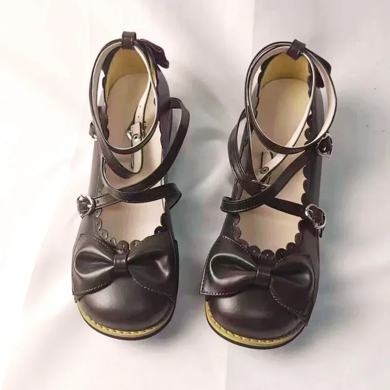 Lolita Shoes Women Flats Low Round With Cross Straps Bow Cute Girls Princess Tea Party Shoes Students Lovely Shoes Size 34-41